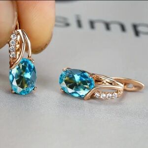 18k Gold Plated Water Drop Aqua Blue Diamond Earrings